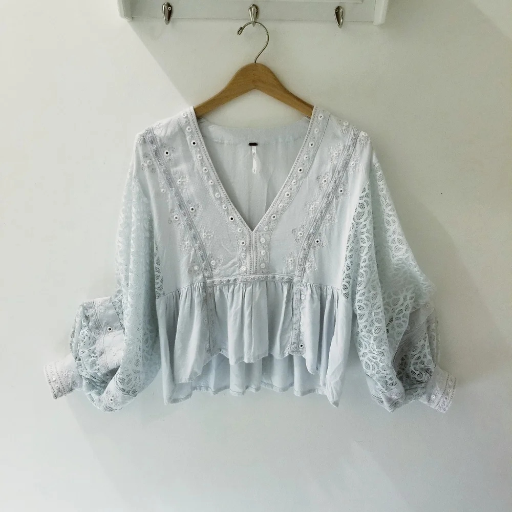 Free People Boogie All Night Embroidered Lace Boho Top Sz Small